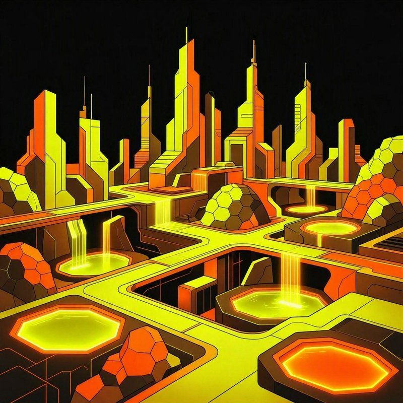 Isometric futuristic sci-fi city with glowing neon orange and yellow geometric architecture against a black night sky