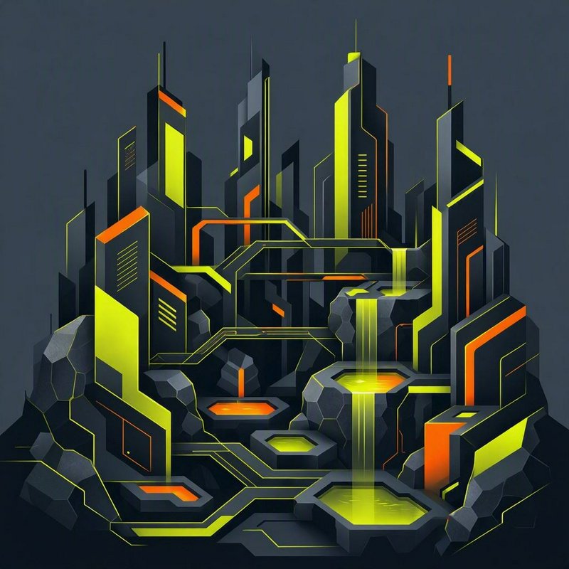 Isometric futuristic cyberpunk cityscape with glowing neon yellow and orange geometric architecture