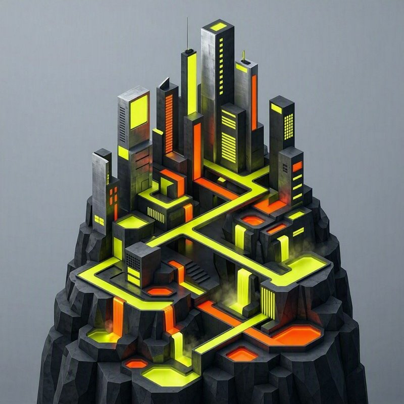 Isometric futuristic cyberpunk city perched on a jagged rocky peak with glowing neon accents