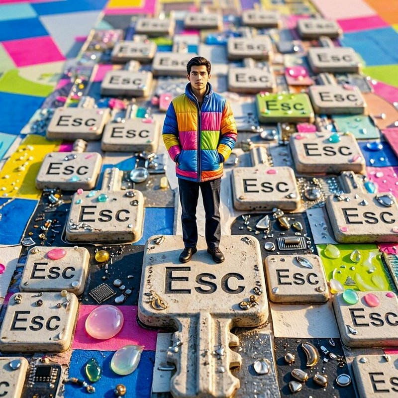 Young man in a rainbow puffer jacket stands on a giant oversized ESC keyboard key
