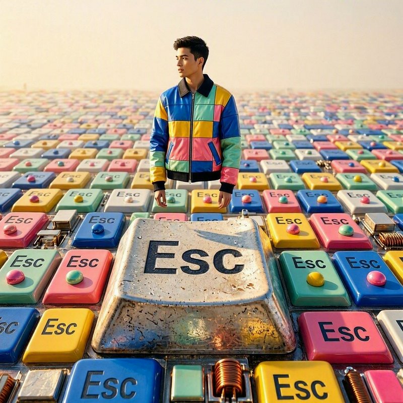 Young man in a colorful patchwork jacket stands on a vast field of giant pastel ESC keyboard keys