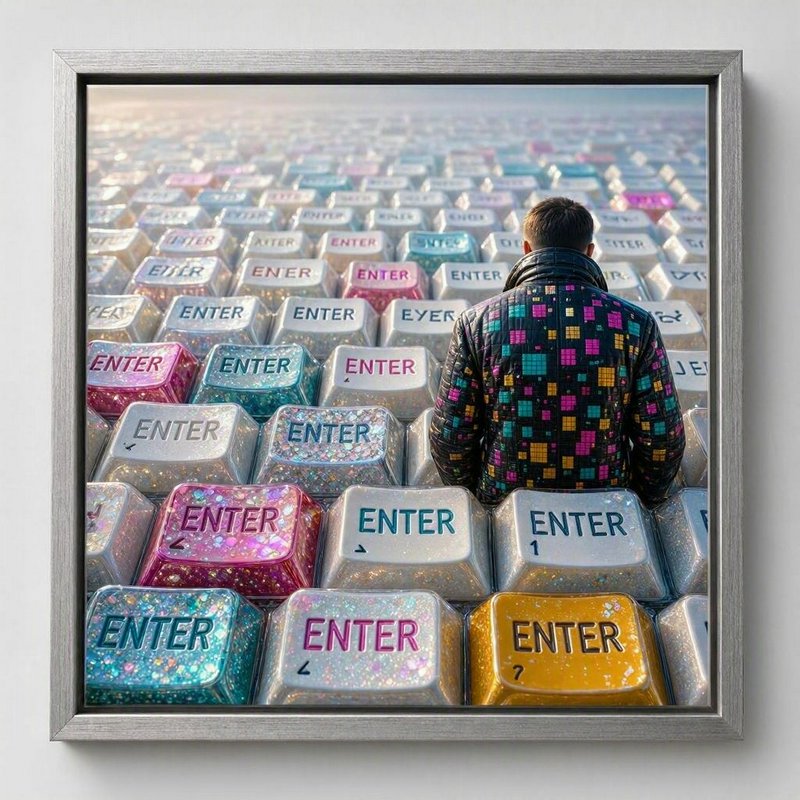 Man standing before an endless field of glittery colorful enter keyboard keys in surreal framed art