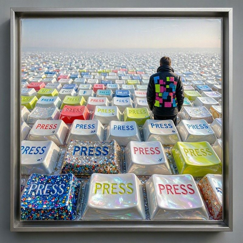 Framed surreal artwork of a man standing before an endless field of giant keyboard keys labeled PRESS