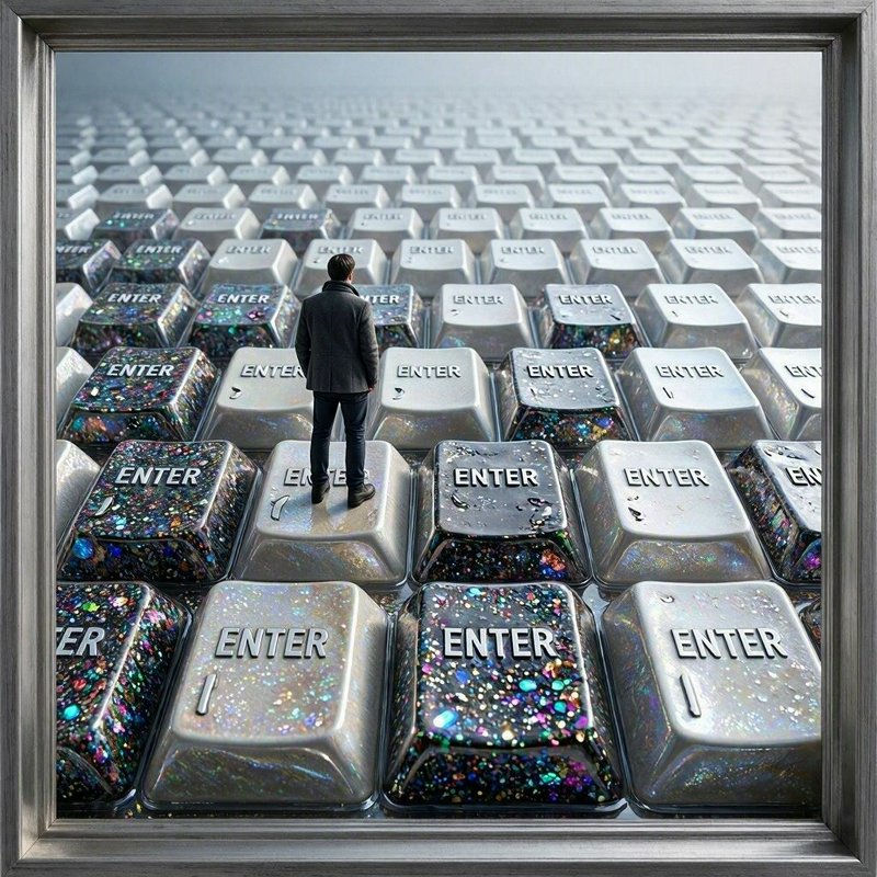 Man standing on a sprawling endless grid of giant ENTER keyboard keys, viewed from behind