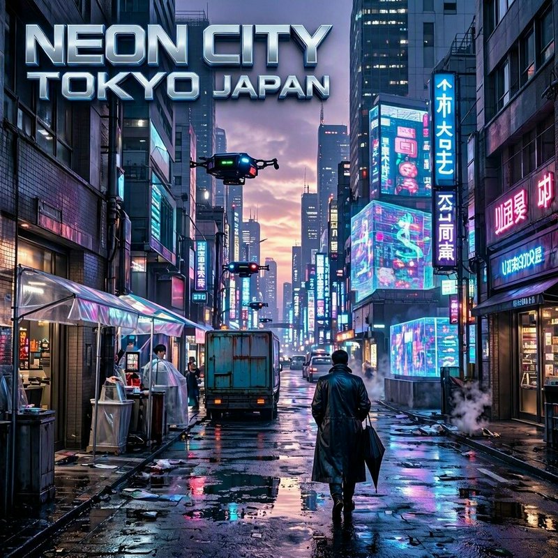 Cyberpunk neon Tokyo street at dusk, a man in a black trench coat walks down rain-slicked city pavement