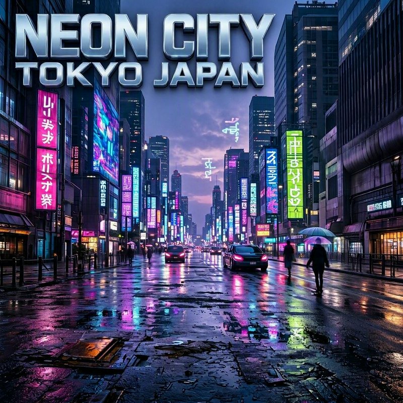Rainy twilight Tokyo city street lined with glowing neon signs, with bold "Neon City Tokyo Japan" title overlay