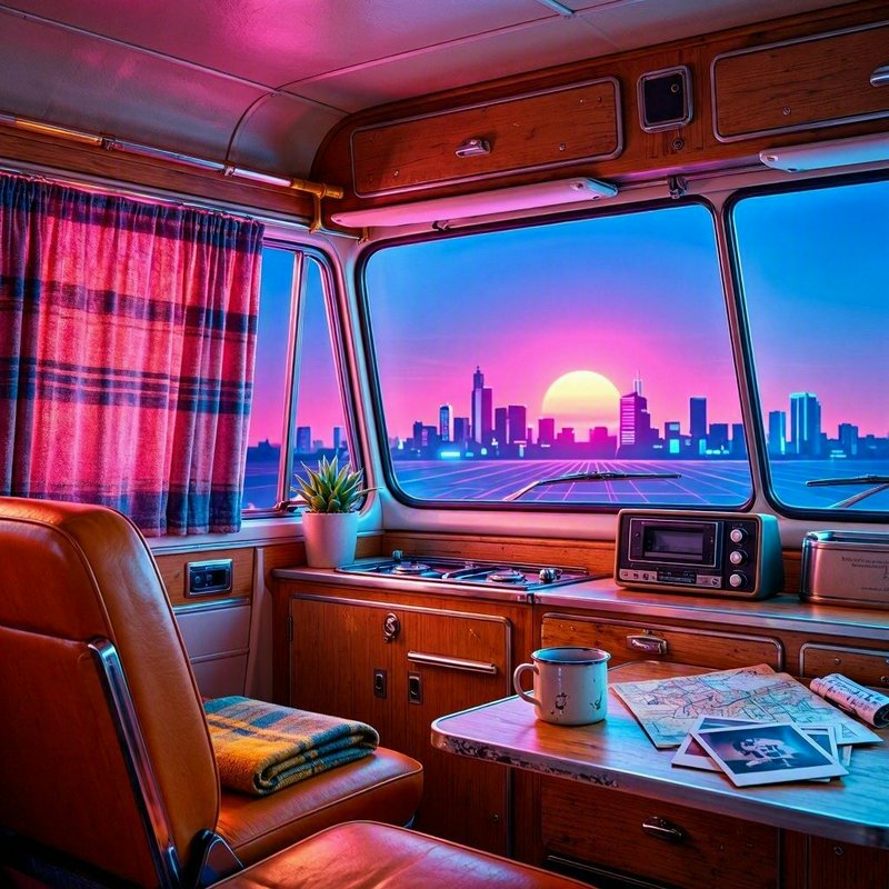 Cozy vintage camper van interior overlooking a glowing pastel city skyline at vibrant sunset