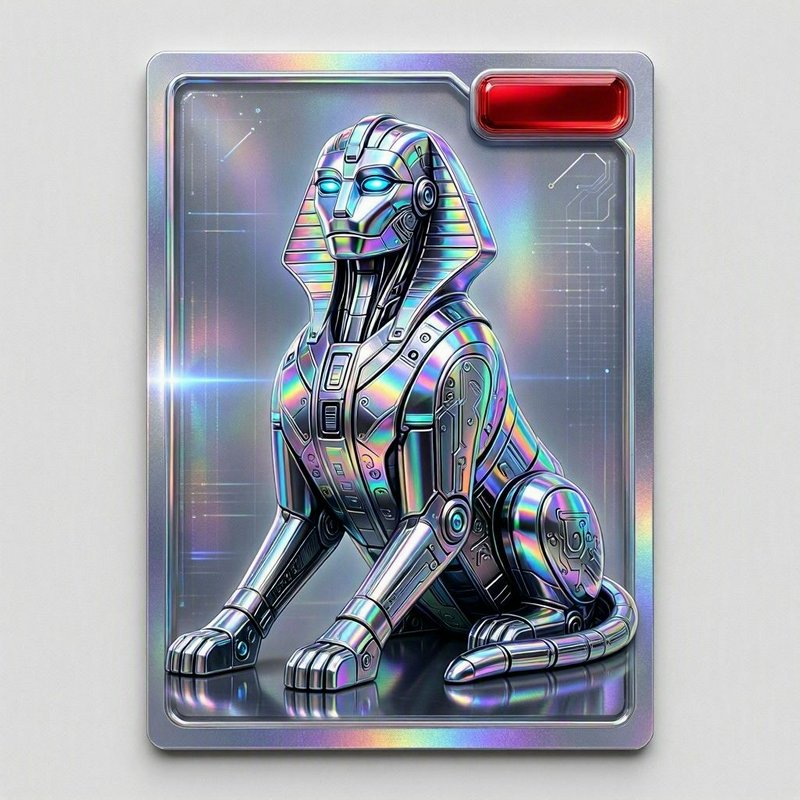 Iridescent chrome robotic sphinx displayed on a holographic foil trading card