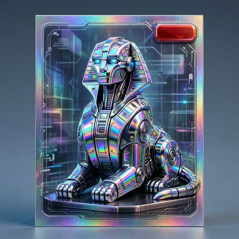 Iridescent robotic sphinx displayed on a holographic futuristic trading card