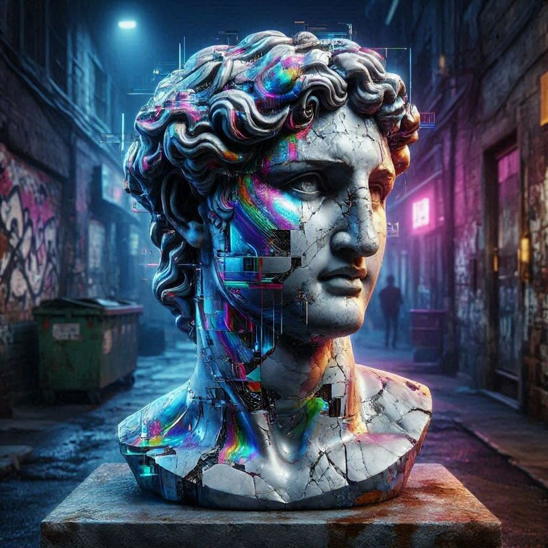 Glitched cyberpunk classical marble bust rests on a pedestal in a neon lit urban alley at night