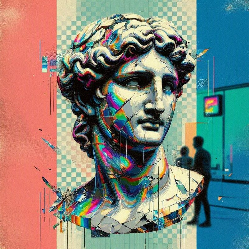 Glitch art rendition of a classical Greek marble bust with iridescent cracked rainbow details against a geometric retro