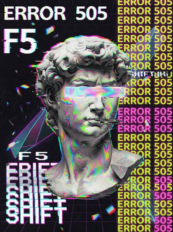 Glitch art of Michelangelo's David bust with iridescent distortion and ERROR 505 text on a dark grid background