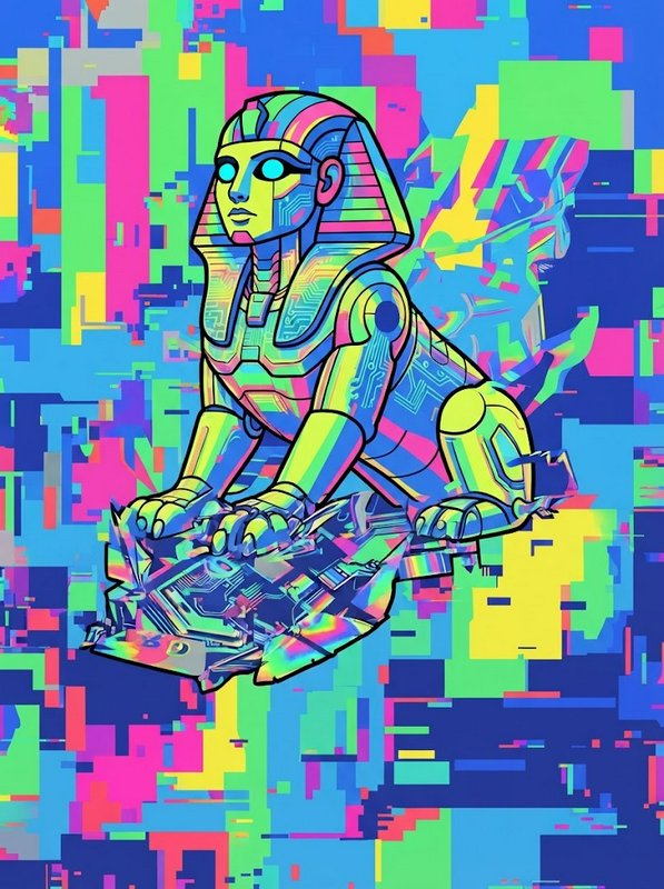 Cybernetic robotic Egyptian sphinx rests on shattered tech against a bright glitch pixel background
