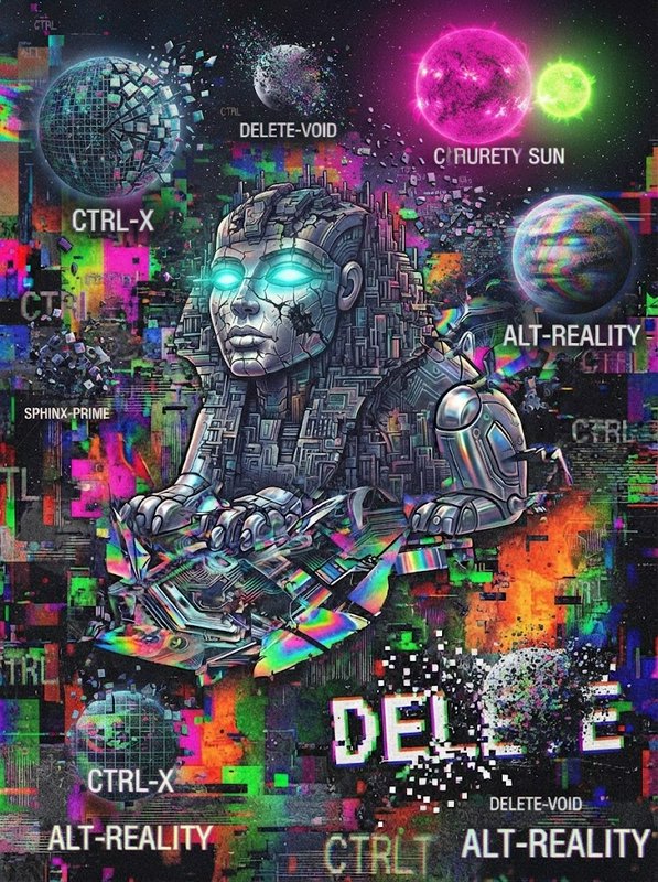 Cybernetic robotic sphinx with glowing cyan eyes set against a glitching neon cosmic space backdrop