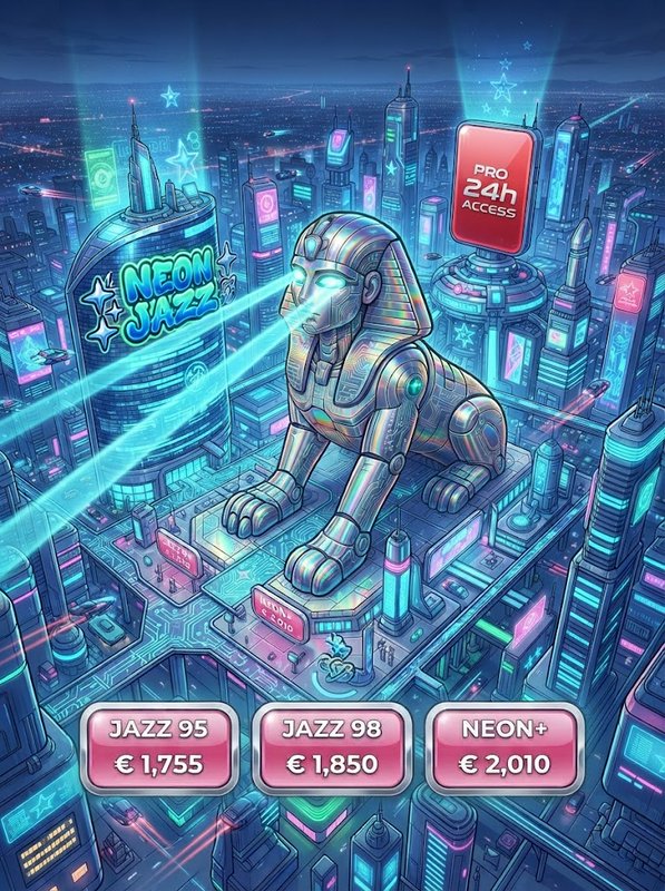 Iridescent robotic sphinx fires cyan laser eyes over a sprawling neon cyberpunk city game interface