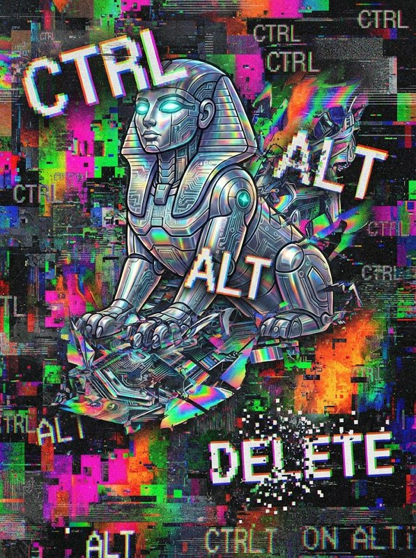 Cybernetic chrome sphinx depicted in glitch art, overlaid with Ctrl Alt Delete text