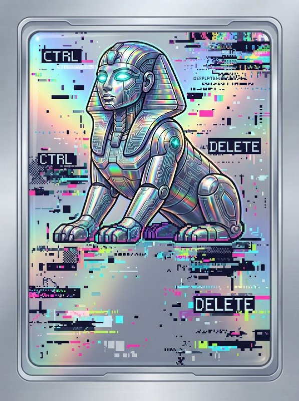 Iridescent robotic cyber sphinx with glowing cyan eyes set against a glitch art framed screen