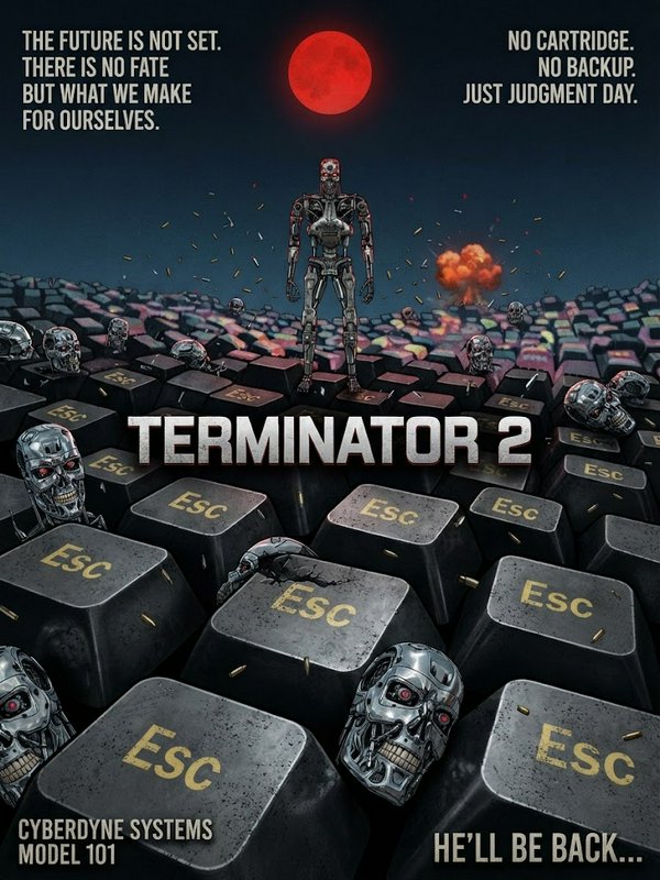 Terminator 2 fan art showing a T-800 endoskeleton standing on a field of giant Esc keyboard keys under a red blood moon