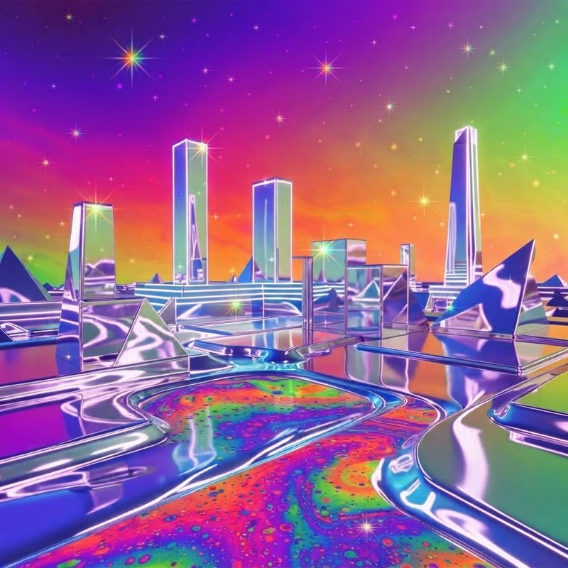 Shiny chrome retro-futuristic cityscape under a sparkling rainbow gradient vaporwave sky