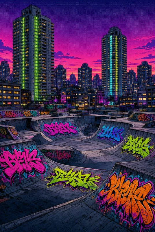 Graffiti covered concrete skate park sits against a neon lit city skyline under a vivid pink purple sunset sky