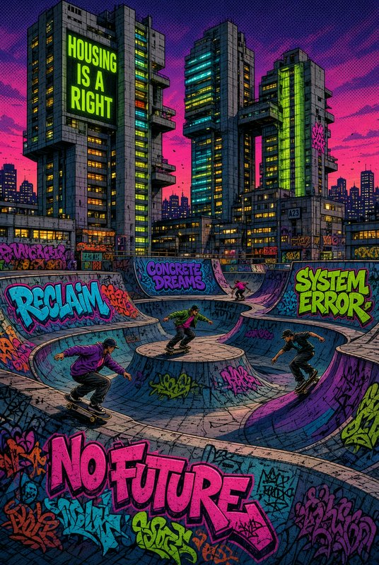 Skateboarders carve a graffiti-covered skate bowl surrounded by brutalist high rises under a neon dusk sky