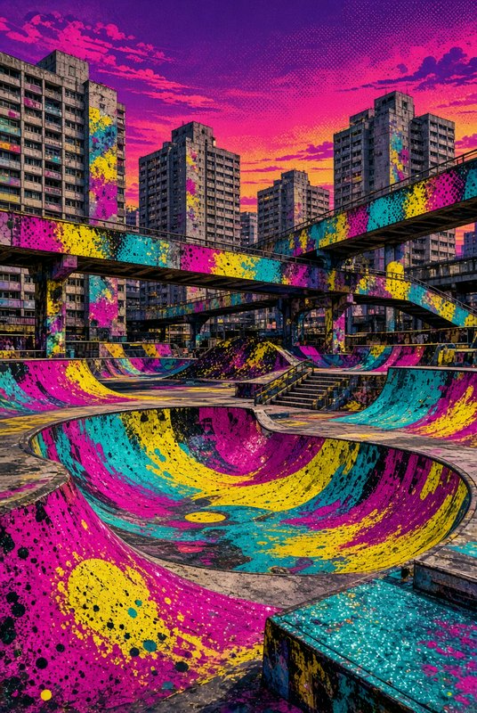 Surreal splatter-painted skate park set among brutalist high rises beneath a vivid neon sunset sky