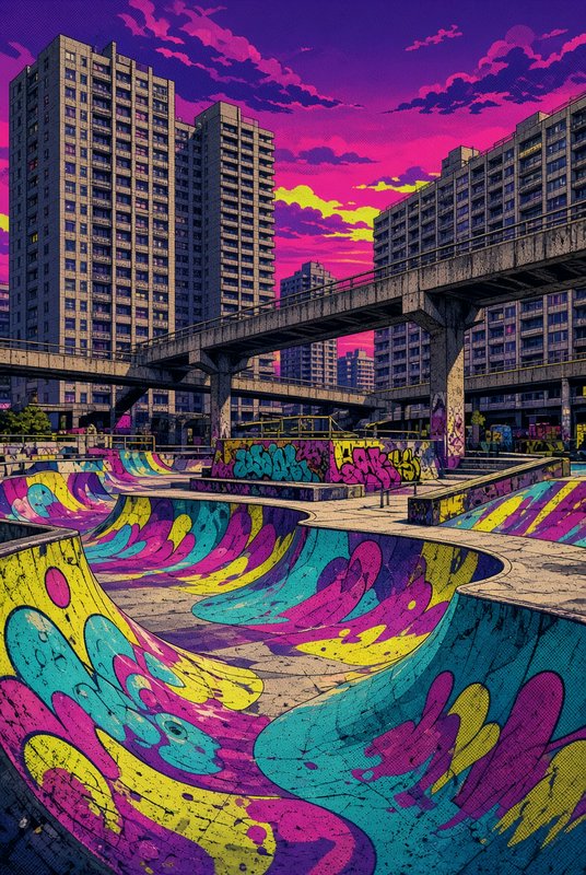 Colorful graffiti-covered urban skate park sits beneath a bright neon pink and purple sky next to brutalist apartment towers