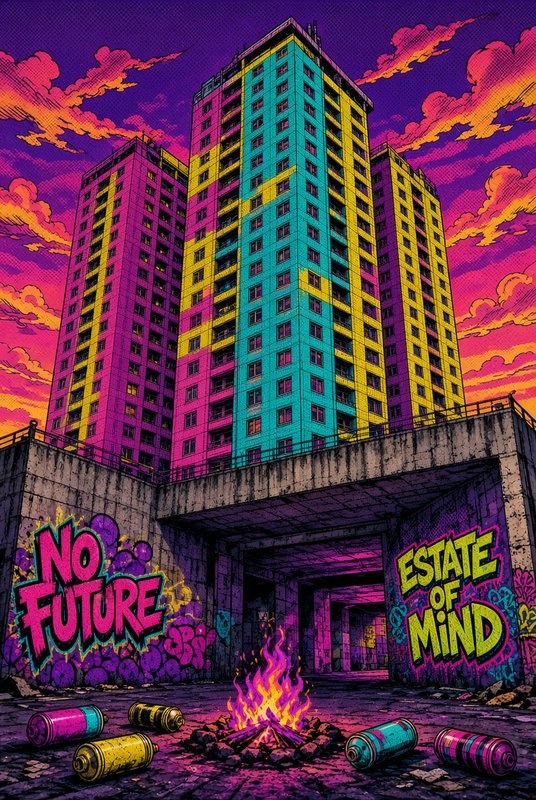 Bold pop art illustration of colorful brutalist high rises, graffiti, a bonfire, and spray cans under a neon sunset sky