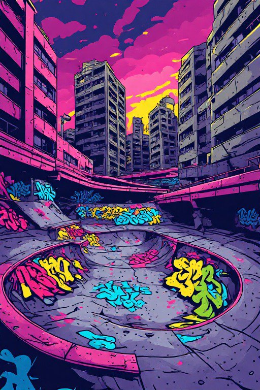 Graffiti covered abandoned skate bowl sits between derelict city high rises under a vivid pink and purple sky