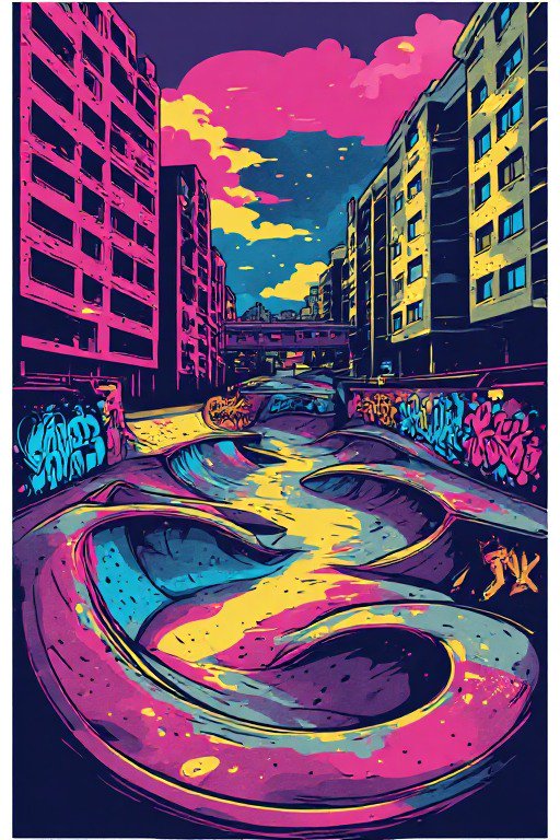 Bold neon pop art illustration of a curved graffiti-lined urban skatepark between city apartment blocks