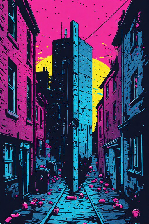 Bold pop art illustration of a narrow littered city alley beneath a bright pink sunset sky