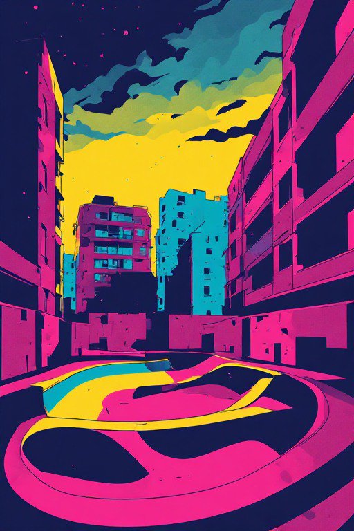 Bold neon pop art illustration of an urban skatepark framed by city apartment blocks under a colorful gradient sky