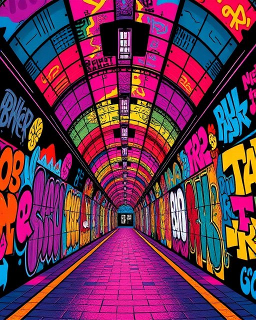 Vibrant neon graffiti covered arched underground pedestrian tunnel in bold pop art style