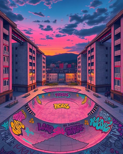 Graffiti-covered skate bowl sits between residential apartment blocks under a vivid pink and blue sunset
