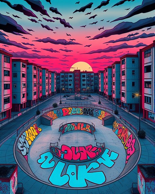 Circular graffiti-covered skatepark sits in an apartment complex courtyard under a vivid pink and teal sunset sky