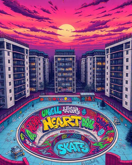 Graffiti covered skatepark bowl sits in a residential apartment courtyard under vivid magenta sunset