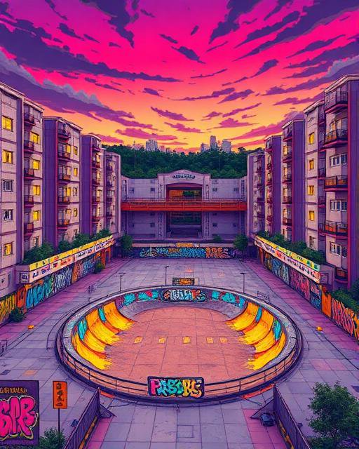 Circular graffiti-decorated skate bowl occupies a residential apartment courtyard under a vivid pink and purple sunset