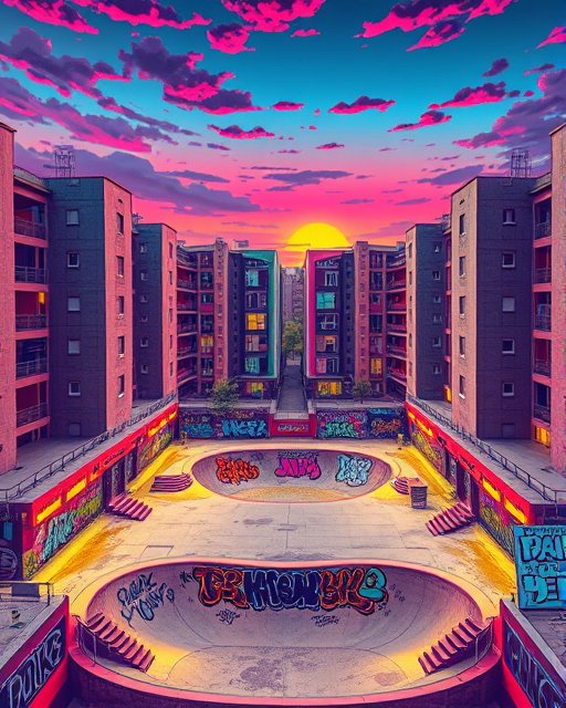 Vibrant graffiti-covered skate park nested in an apartment complex courtyard under a bright saturated sunset sky