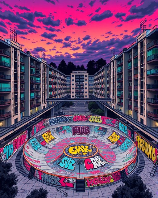 Graffiti covered circular skate bowl sits in an apartment complex courtyard beneath a bright pink and purple sunset sky