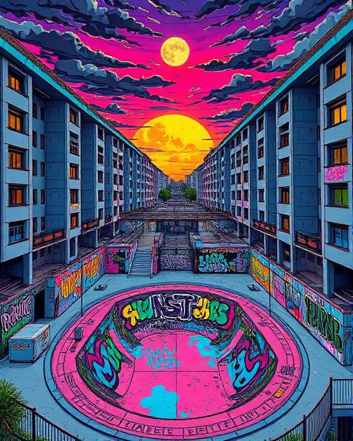 Surreal graffiti-covered skatepark between apartment blocks under a vivid pink sunset sky with a glowing full moon