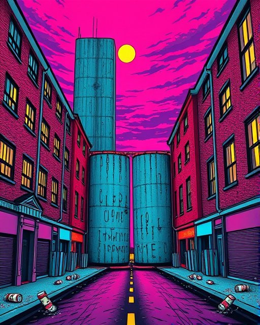 Psychedelic pop art illustration of a derelict urban alley between red brick buildings under a bright pink sky