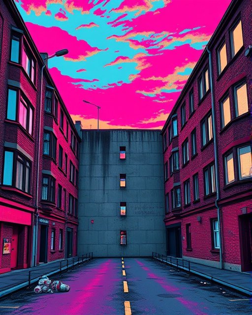 Surreal synthwave city street lined with red brick buildings under a vivid hot pink and turquoise sky