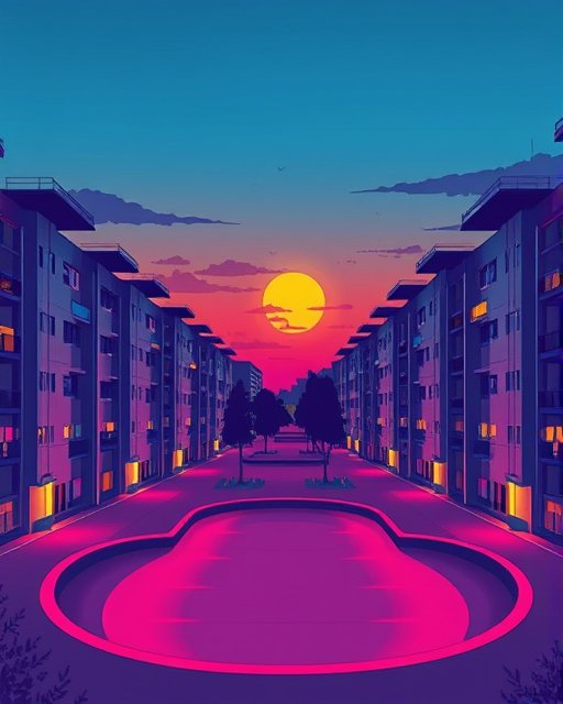 Symmetrical residential apartment street lined with buildings under a bright gradient sunset sky