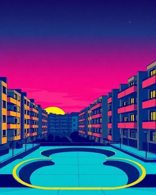 Stylized retro residential apartment courtyard under a vivid gradient pink and purple sunset sky