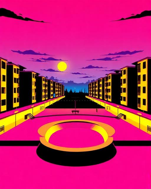 Surreal retro-futurist illustration of symmetric apartment blocks under a bright hot pink sunset sky