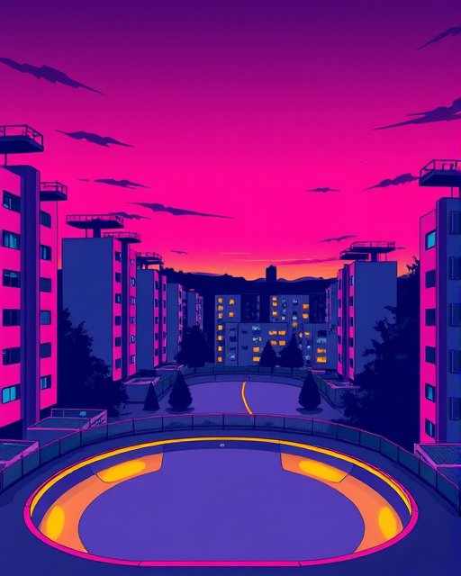Stylized retro residential apartment complex overlooking a curved skate park under a bright neon pink sunset sky