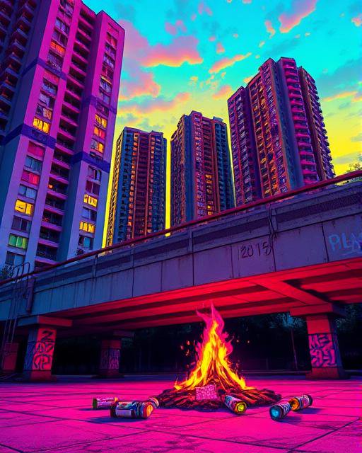 Burning campfire under a graffiti-covered overpass, with high-rise apartment towers against a bright neon sunset sky