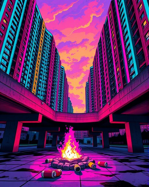 Glowing campfire sits in a neon cyberpunk apartment complex courtyard under a vibrant pink and orange sunset