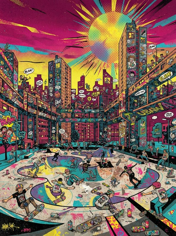 Vibrant retro comic illustration of a chaotic crowded graffiti-covered urban skatepark at sunset
