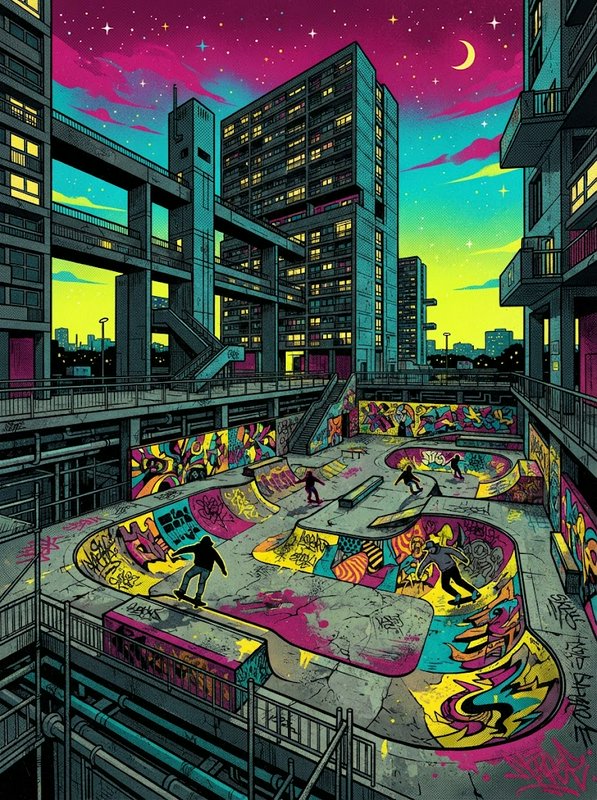 Graffiti-covered inner city skatepark with skaters sits between brutalist apartment blocks under a vibrant gradient night sky